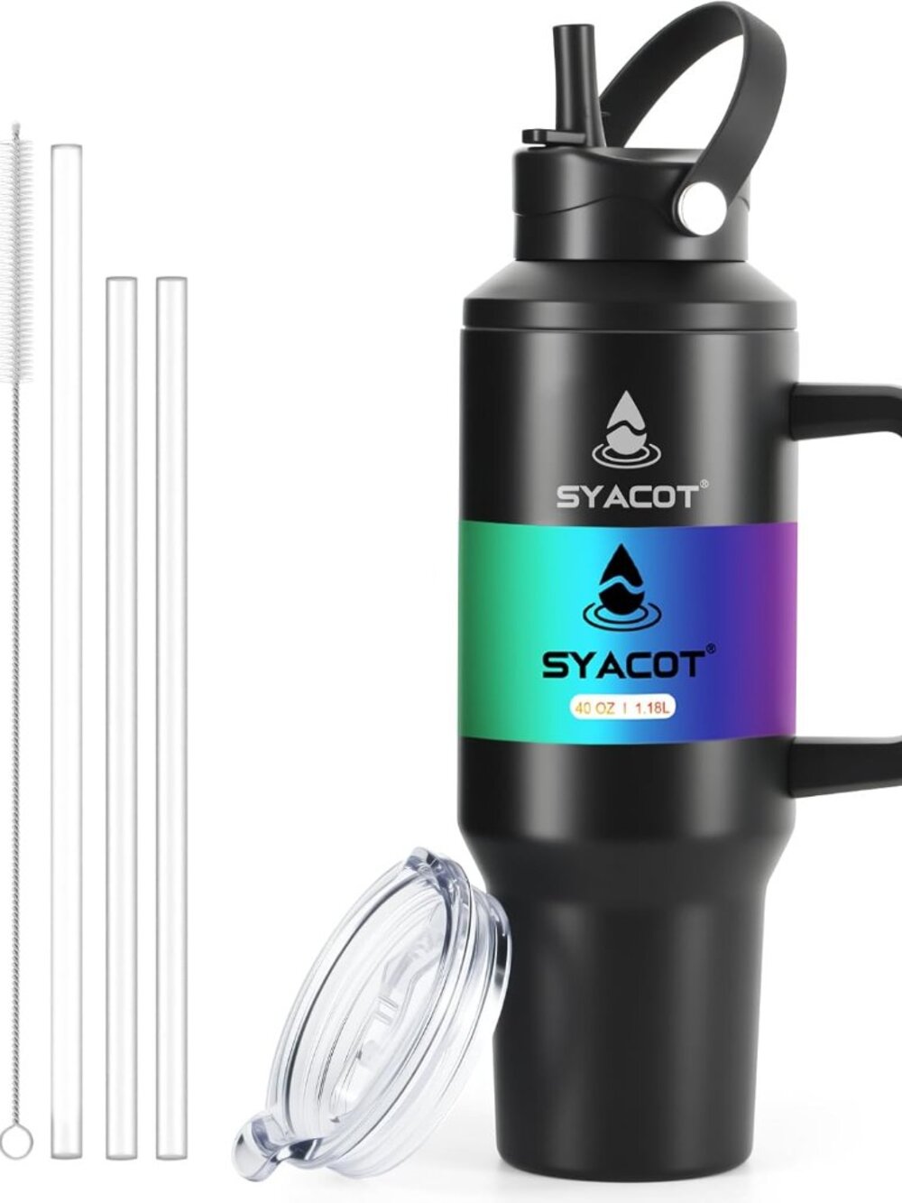 40 oz Insulated Tumbler with Handle, Straw & 2 Lids, Fits Cup Holder